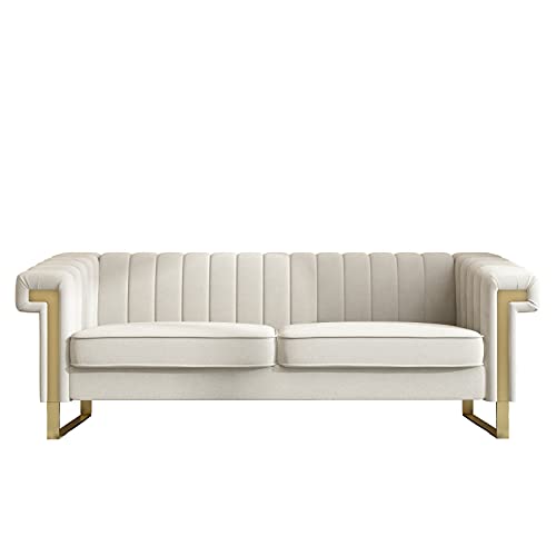 Chesterfield Sofa with Tufted Velvet Upholstered,Modern Velvet Couch with Flared Arms and Removable Cushions,83.85 Inch Width Living Room Furniture,Solid Wood Frame and Gold Legs,Beige