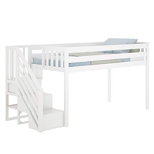 Max & Lily Twin Low Loft Bed with Staircase, White