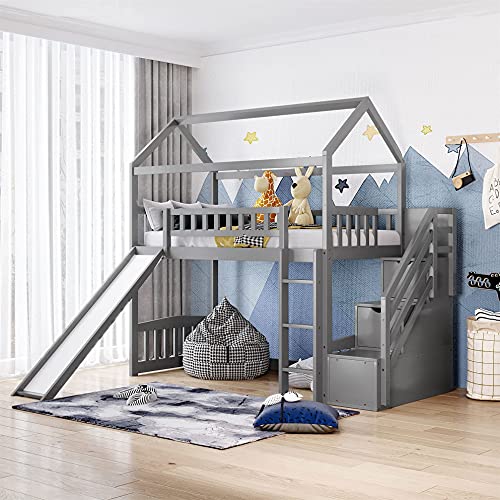 House Bed Loft Bed with Slide, Twin Loft Bed with Stairs and Storage, Wood Loft Bed Frame for Kids & Girls & Boys (Gray)