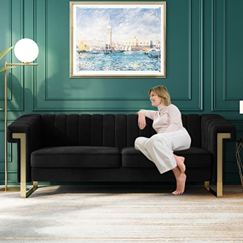 Chesterfield Sofa, Velvet Upholstered Futon Sofa with Flared Arms and Removable Cushions, Sofa Couch with Wood Frame and Gold Legs, Mid Century Tufted Sofa for Living Room (Black)