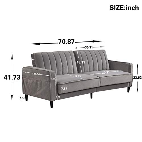 Velvet 3 Seater Sofa Bed Premium Velvet and Wooden Legs, Harper&Bright Designs Velvet Upholstered 3 Seater Sofa Bed Couch for Living Room Bedroom, Soft Sofa Couch Ship from USA Warehouse (Gray)