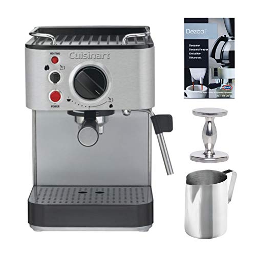 Cuisinart EM-100 Espresso Maker with Stainless Steel Frothing Pitcher, Handheld Tamper, and Descaling Powder Bundle (4 Items)