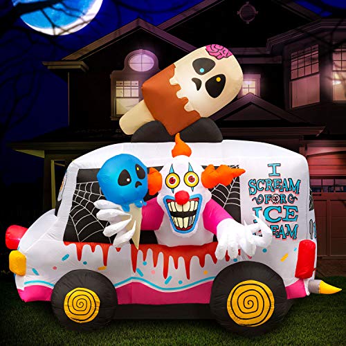Holidayana 8 ft Inflatable Halloween Clown Ice Cream Truck Yard Decoration - 8 ft Tall Lawn Decoration, Bright Internal Lights, Built-in Fan, and Included Stakes and Ropes