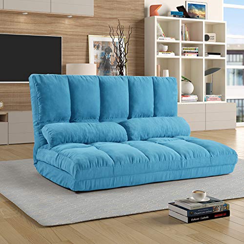 DANGRUUT Thicken Floor Double Chaise, Folding Lounge Sofa/Couch Bed, Floor Gaming Chairs, Adjustable Fabric Lazy Sofa Softly Cushioned with Two Pillows for Living Room and Bedroom (Blue)