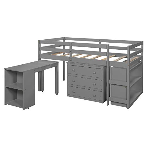 Harper&Bright Designs Low Study Twin Loft Bed with Desk and Cabinet, Grey