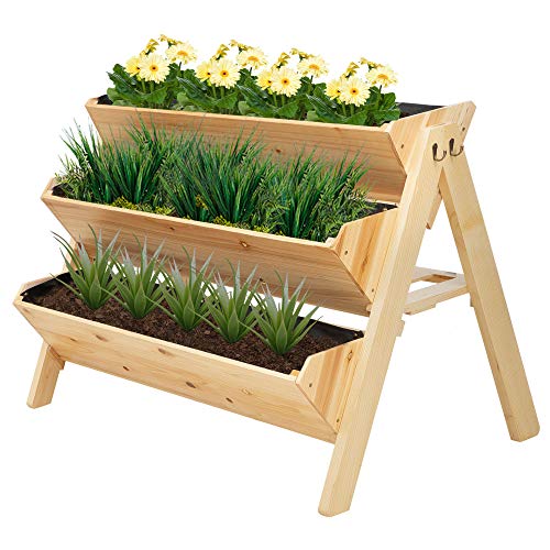 Outsunny 47'' 3-Tiers Wooden Raised Garden Bed Plant Stand with Side Hooks, Storage Clapboard for Tools, Great for Flowers Herbs Vegetables, Natural