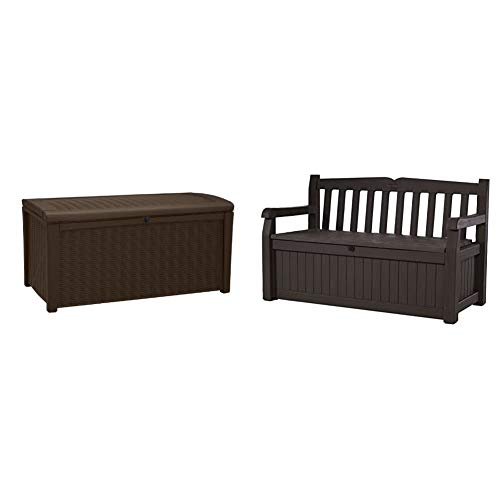Keter Borneo 110 Gallon Resin Deck Box-Organization and Storage for Patio Furniture Outdoor Cushions, Throw Pillows, Brown & Eden 70 Gallon Storage Bench Deck Box for Patio Furniture,Brown / Brown