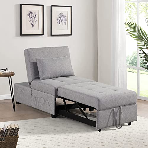 IPKIG Convertible Chair Sleeper Bed, 4 in 1 Multi-Function Sleeper Sofa Folding Ottoman Modern Linen Fabric Guest Bed with Lumbar Pillow and Adjustable Sleeper for Small Space Apartment (Grey-2PCS)