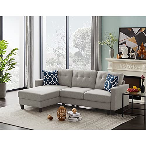 Devion Furniture Button Tufted Back Linen Fabric Sectional Sofa with Toss Pillow Included in Light Gray