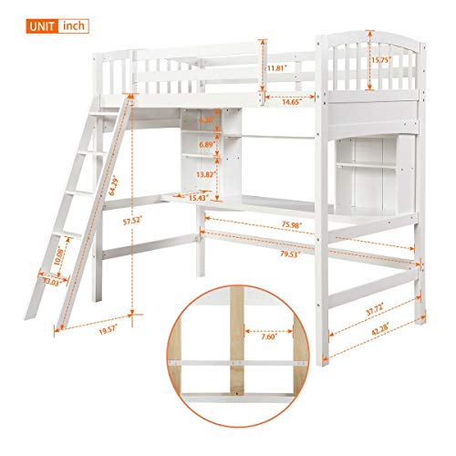 Wood Loft Bed with Desk Twin Size Study Loft Bed Frame with Angled Ladder, Environmental and Natural Finish for Kids and Teens
