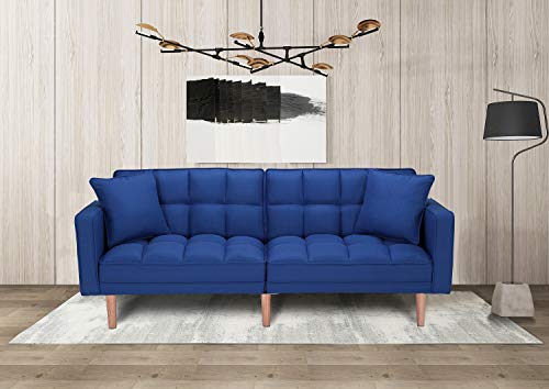 Futon Sofa Bed Sleeper Loveseat,JULYFOX 2 Position Recliner Couch Tufted Upholstered Fabric Sofa with Armrest 2 Throw Pillows Heavy Duty Design-Blue