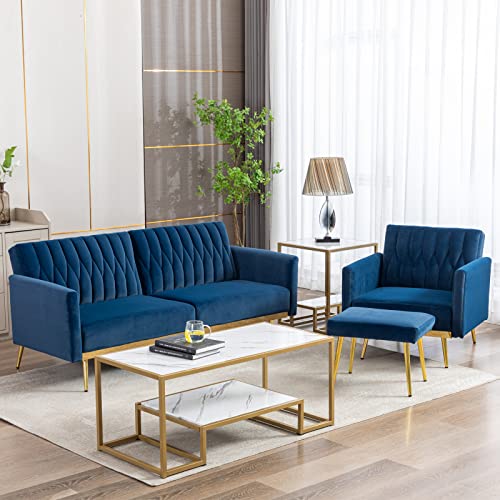 Velvet Futon Sofa Bed Sleeper Sofa with Adjustable Armrests, Convertible Modern Futon Couch Home Furniture for Living Room, Bedroom Blue