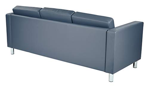 Office Star Pacific Sofa with Padded Box Spring Seats and Silver Metal Legs, Dillon Blue Faux Leather