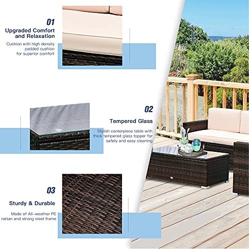 Outsunny 4-Piece Cushioned Patio Furniture Set, with 2 Chairs, Sectional, and Glass Coffee Table, Rattan Wicker, Brown