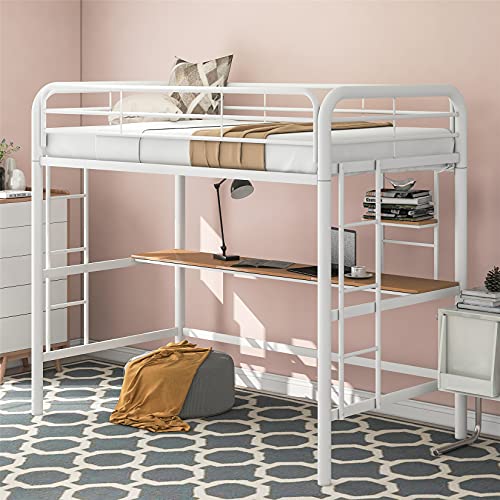 Twin Loft Beds Metal Bed Frame Loft Bed with Desk and Shelve, Twin Size Loft Bed for Dorm, Boys & Girls Teens Kids, White