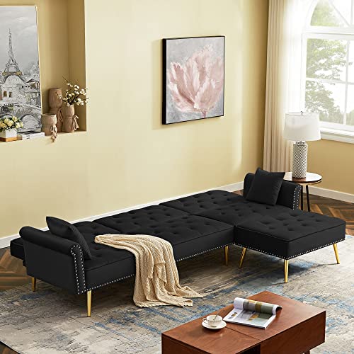 MAFOROB Modern Velvet Reversible Sectional Sofa Bed, Upholstered L-Shaped Couch with Movable Ottoman and Nailhead Trim for Living Room, Black