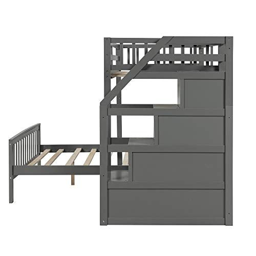 Twin Over Full Loft Bed for Kids Teens and Adults, Loft Bunk Bed Frame with 3 Storage, Guardrail and Ladder, Can be Separated into 2 Beds, No Box Springs Required (Grey)