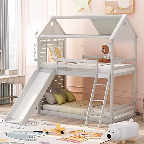 Bunk Bed with Slide, House Bunk Beds Wood Frame Twin Over Twin Bunk Bed for Kids Toddlers Girls Boys, Antique White