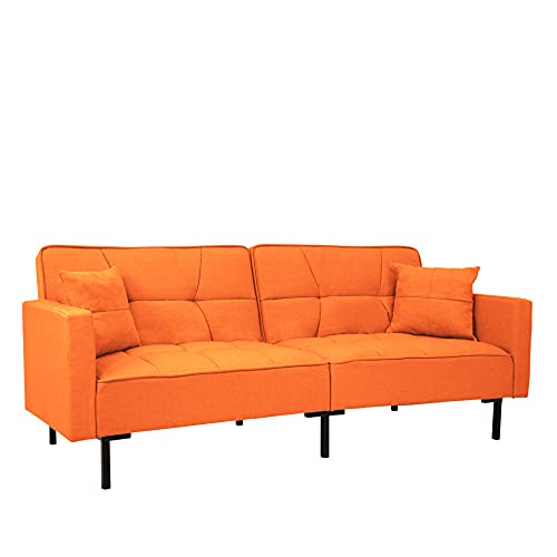 Casa Andrea Milano LLC Modern Plush Tufted Linen Fabric Splitback Living Room Sleeper Futon, Small, Orange