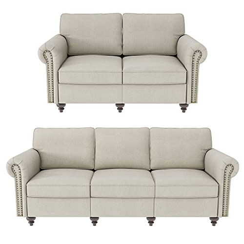 Nolany Classic 2 Piece Living Room Sofa Set Upholstered Fabric 3 Seats Sofa Couch and Loveseat Set Rolled Arm Sofa Sets, Light Beige