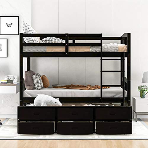 Harper&Bright Designs Twin Over Twin Bunk Bed with Safety Rail, Ladder, Twin Trundle Bed with 3 Drawers for Kids, Teens Bedroom, Guest Room Furniture, Espresso