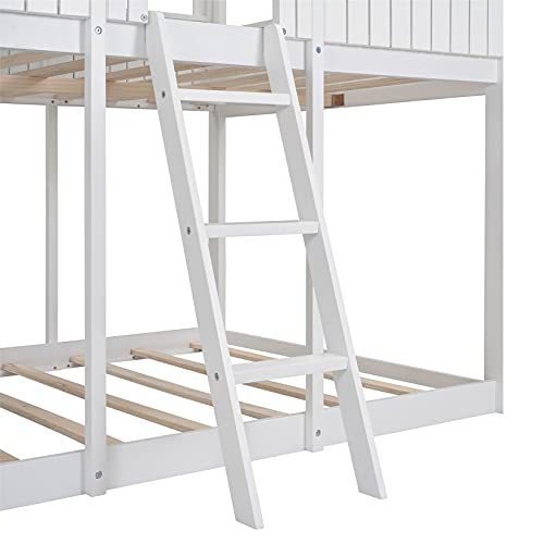 House Bunk Beds, Full Over Full Bunk Bed Playhouse Bunkbed with Ladder Low Bed Frame for Kids Toddlers Girls/Boys, White