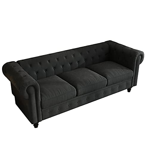 Modern Velvet Chesterfield Sofa, 3 Seater Upholstered Tufted Back Rolled Arm Sofa Couch with Removable Cushions for Living Room, Office, 88.2 x 30.7 x 30.5 Inch (Dark Grey)