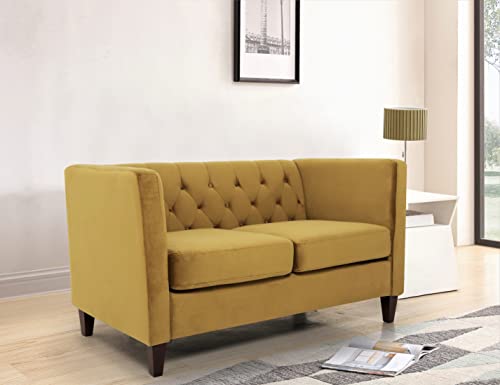 US Pride Furniture High Density Foam 56.7'' Wide Medallion Yellow Velvet Button-Tufted 2 Seater Living Room Loveseat with Removable Cushion & Solid Wood Legs (S5708-5714) Love Seats