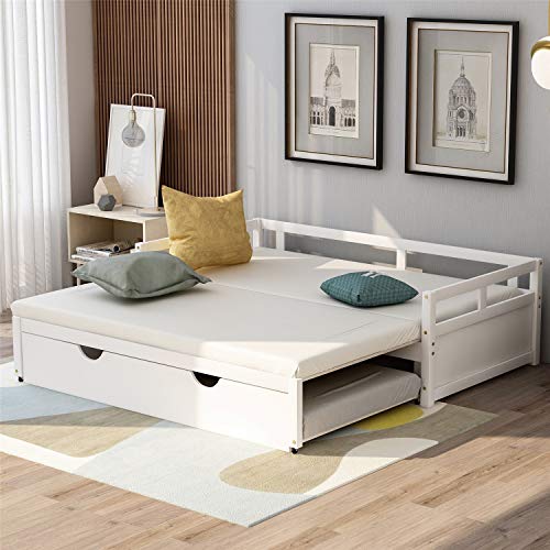 Daybed with Pop up Trundle Beds for Adults and Kids, Wooden Daybed with a Trundle Twin to King Design No Box Spring Required. (White)