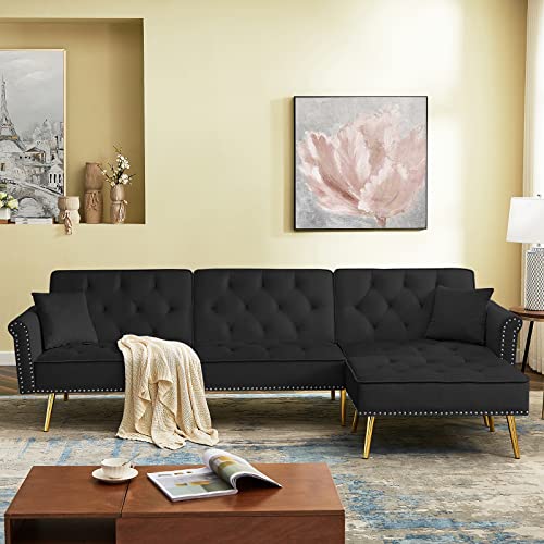 Modern Sofa Bed Couch,Living Room Furniture Sofa Ottoman Set with 3 Levels Adjustable Back and Nailhead Trim,Tufted Velvet Reversible Sectional Couchs with Gold Metal Legs (Black)