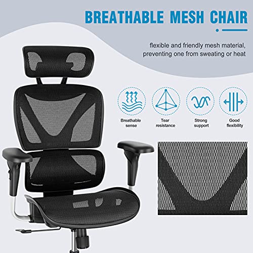 Gabrylly Ergonomic Office Chair, Large Mesh Chair with Lumbar Support - Double Back, Adjustable Headrest & 2D Armrests, High-Back Home Desk Chair with Tilt Function, Swivel Computer Executive Chair