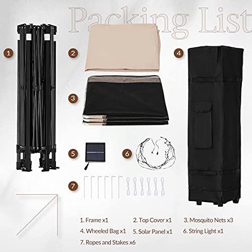 Quictent 13’ X 13’ Hexagonal Gazebo with Solar Powered LED Lights Pop up Canopy Tent with Mosquito Net ,Easy up Screened Canopy Gazebo, Beige