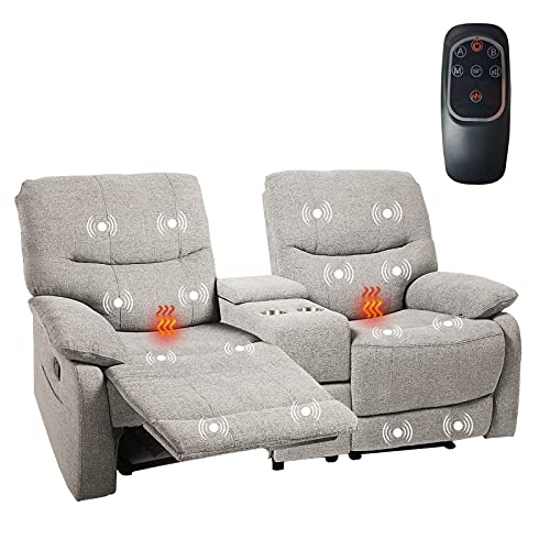 VUYUYU Reclining Sofa, Double Reclining Loveseat with Console, 2 Seater Sofa Home Theater Seating, Fabric Recliner Sofa Couches with Storage and Cup Holders (Light Gray)