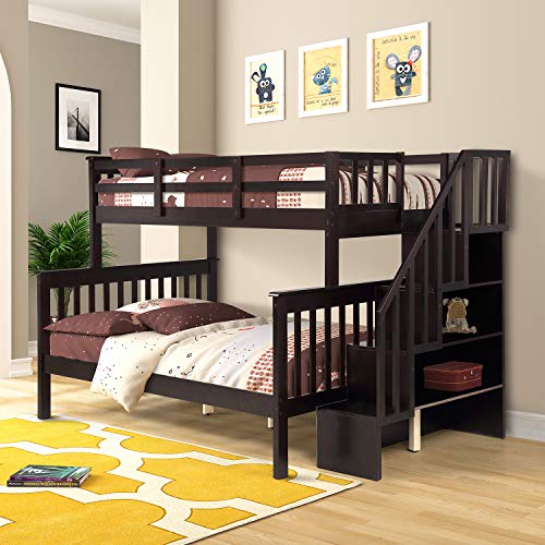 Twin Over Full Bunk Bed Frame for Kids, Mission Style Wood Twin Over Full Size Bed Frame with Stairs and Storage