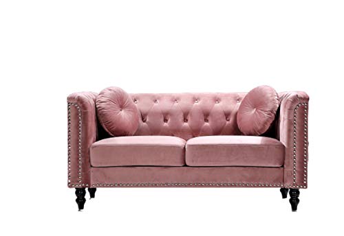 US Pride Furniture Modern Style High Density Foam 64.17'' Wide Rose Velvet Rolled Arm 2 Seater Chesterfield Living Room Removable Cushion & Solid Wood Legs (S5608-5613) Sofas