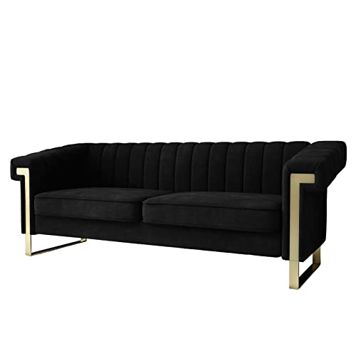 Chesterfield Sofa, Velvet Upholstered Futon Sofa with Flared Arms and Removable Cushions, Sofa Couch with Wood Frame and Gold Legs, Mid Century Tufted Sofa for Living Room (Black)