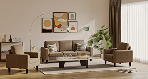 Sectional Sofa Set Polyester Fabric Small Space Living Room 3 Pcs Couch Set with Armrest Modern Upholstered Couches, 1-Seater+1-Seater+3-Seater (Brown)