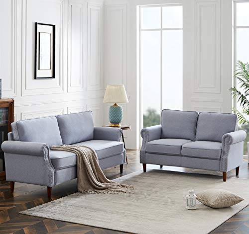 Dolonm 2 Piece Sofa Sets Mid Century Modern Upholstered Sectional Loveseat Couch Set Furniture for Living Room, Light SkyBlue
