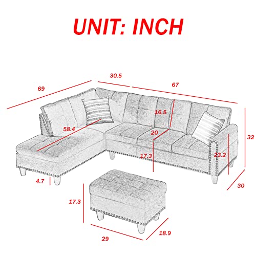 Sectional Sofa Couch Set, Modular L-Shaped Sectional Sofa with Chaise Lounge, Storage Ottoman, 2 Pillows and 2 Cup Holders, Sofa Couch Furniture Set for Living Room, 97.5