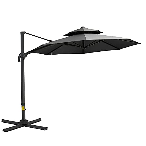 Outsunny 11ft Patio Umbrella Outdoor Cantilever Offset Umbrella Sun Shade Aluminum Market Umbrella with 360° Rotation, 5 Adjustable Tilt Angles and Cross Base, Dark Gray