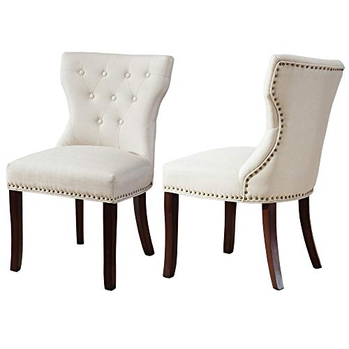 DAGONHIL Accent Chairs Set of 2 for Dining Room with Brown Solid Wooden Legs,Nailed Trim (Beige)