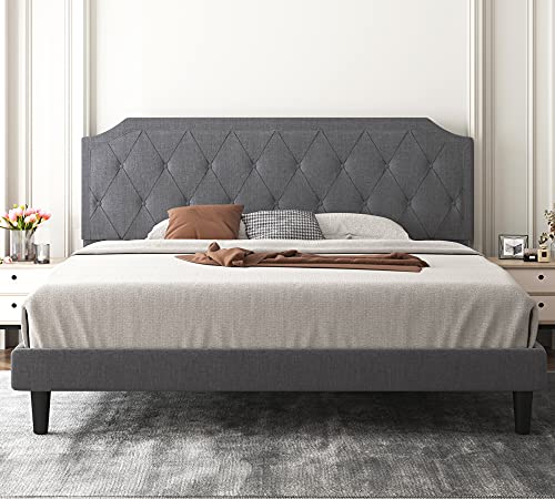 Allewie King Bed Frame with Diamond Button Tufted Headboard, Upholstered Platform Bed with Sturdy Wood Slat Support, No Box Spring Needed, Easy Assembly, Light Grey
