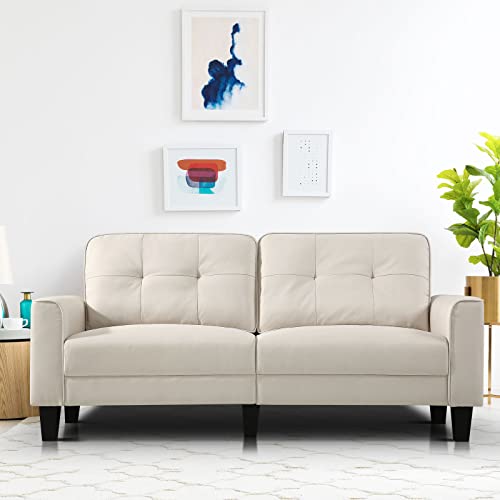 PARKOL Modern Sofa Loveseat Couch Polyester Fabric 3-Seater Sofa with Square Armrest Solid Wood Frame Legs for Living Room, Bedroom,Office,Apartment,Dorm,Studio,Small Space (JZ, Beige)