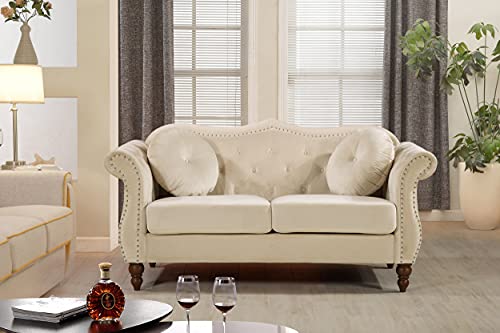 US Pride Furniture S5368-L-USP LeMarquis Collection Chesterfield Loveseat with Wood Legs and Nailhead Trim, Blue, Ivory
