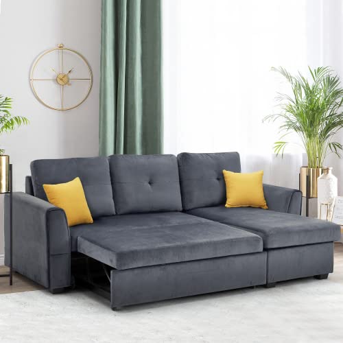MELLCOM Sectional Sleeper Sofa, Flannel Pull Out Bed with Removable Chaise Longue, 3-Seater Sofa Bed with Storage Ottoman for Living Room Small Space Apartment, Gray