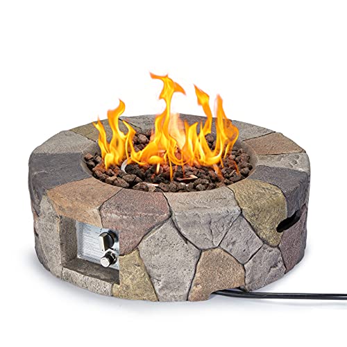 AVAWING Gas Fire Pit, 28 Inch 40,000 BTU Outdoor Propane Fire Table w/ Lava Rocks, Weather-Resistant Pit Cover, Patio Fire Pit w/Natural Stone, Cyan & Grey