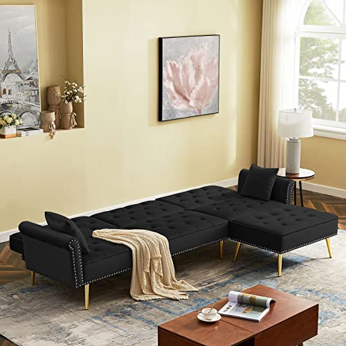 Modern Sofa Bed Couch,Living Room Furniture Sofa Ottoman Set with 3 Levels Adjustable Back and Nailhead Trim,Tufted Velvet Reversible Sectional Couchs with Gold Metal Legs (Black)