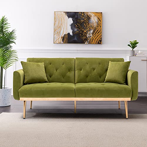 Futon Velvet Accent Loveseat Sofa Bed, Convertible Sleeper Sofa with Pillows, Leisure Couch with Gold Metal feet for Small Space, Living Room, Office (Olive)