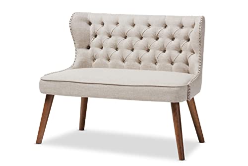 Baxton Studio Scarlett Mid-Century Modern Upholstered Button-Tufting with Nail Heads Trim 2-Seater Loveseat Settee Light Beige