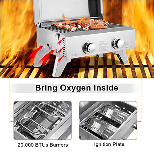 COXEM Gas Grill; Tabletop Stainless Steel BBQ Grid Barbecue Cookers with 2 Burners&Foldable Legs;Used for Oven and Grill/BBQ;2000 BTU;Silver